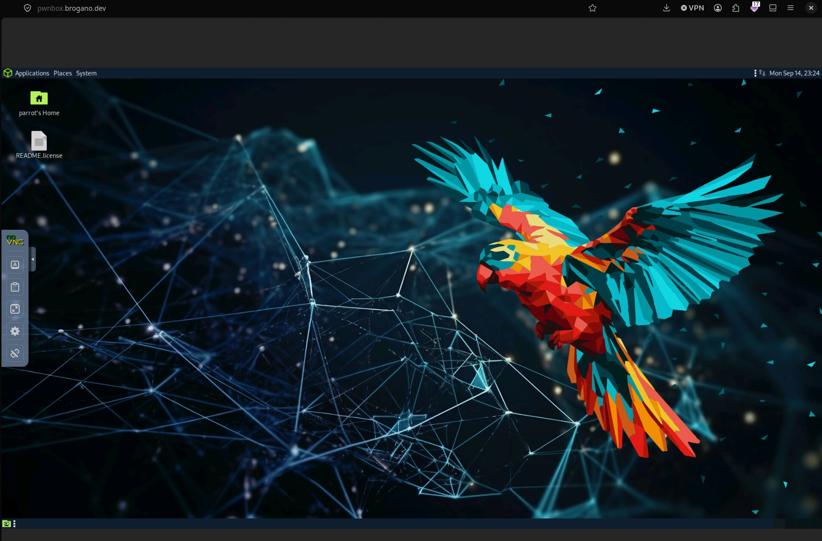 Parrot Linux desktop displayed through the pwnbox.brogano.dev browser workstation.